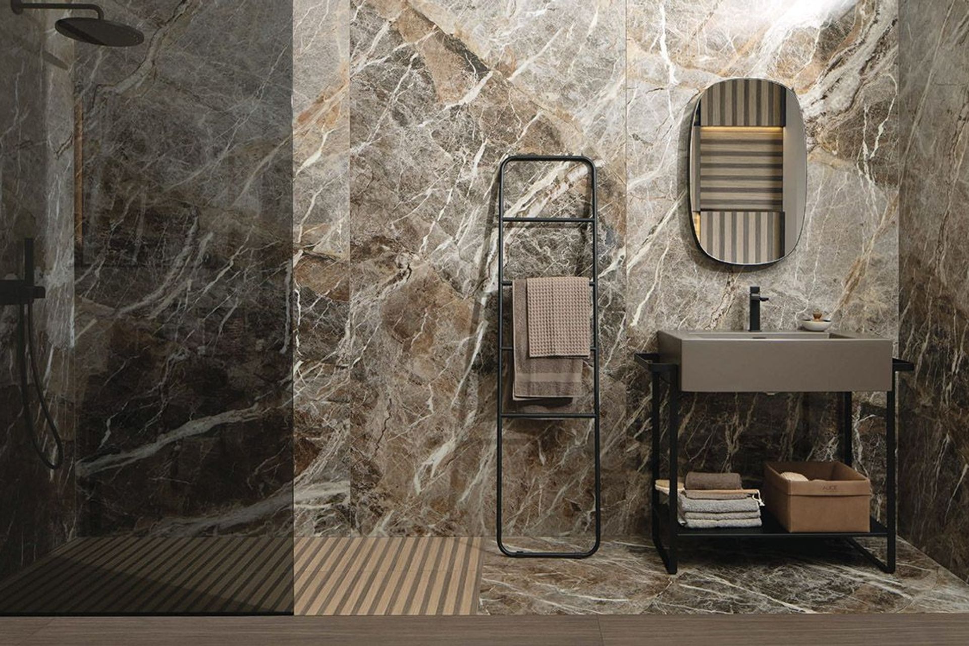 Striking wall and floor porcelain tiles used in a bathroom setting.
