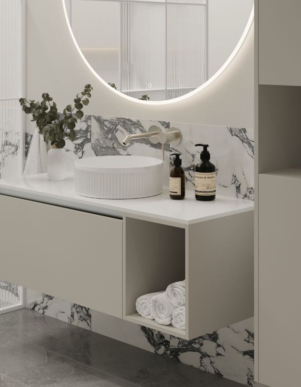 The Savanna Luxe Wall Vanity in shade 'Dawn Grey' is designed with a StoneCast slab top and an exposed basin