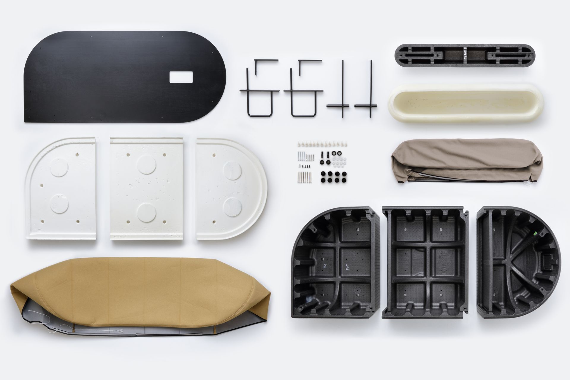 The frame of the Profim Revo collection is made from REPP (recycled expanded polypropylene) instead of the more typically used plywood, reducing the weight by as much as 40%. REPP includes no additives so it can be endlessly remoulded into new forms.