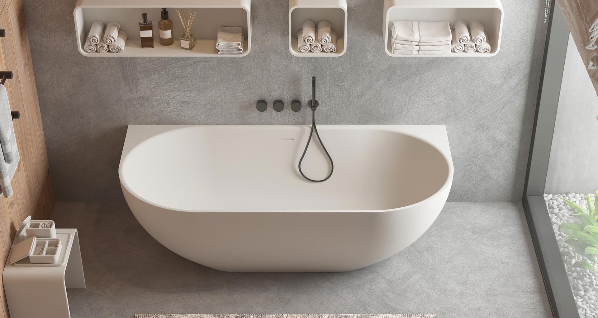 The Justina Back-to-Wall Stone Bath by Stonebaths.