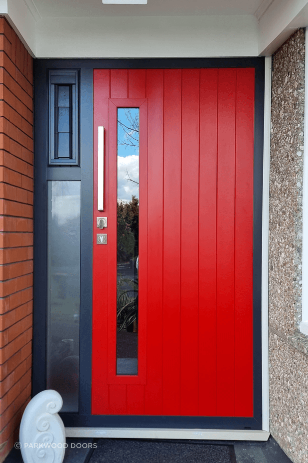 Bright and playful. this composite door features a glass window and vertical grooves.