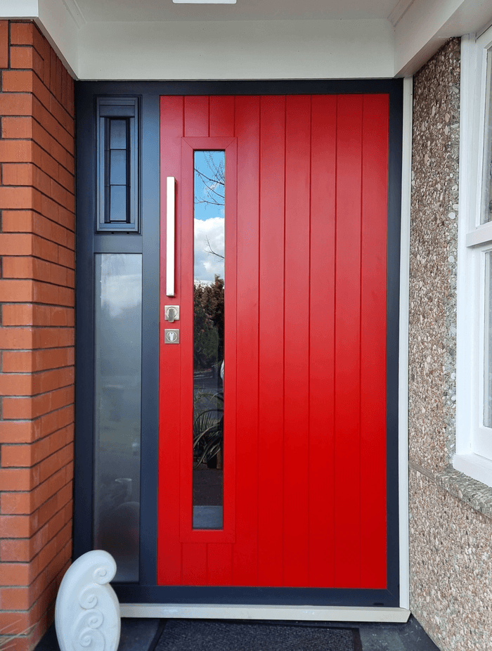 Bright and playful. this composite door features a glass window and vertical grooves.