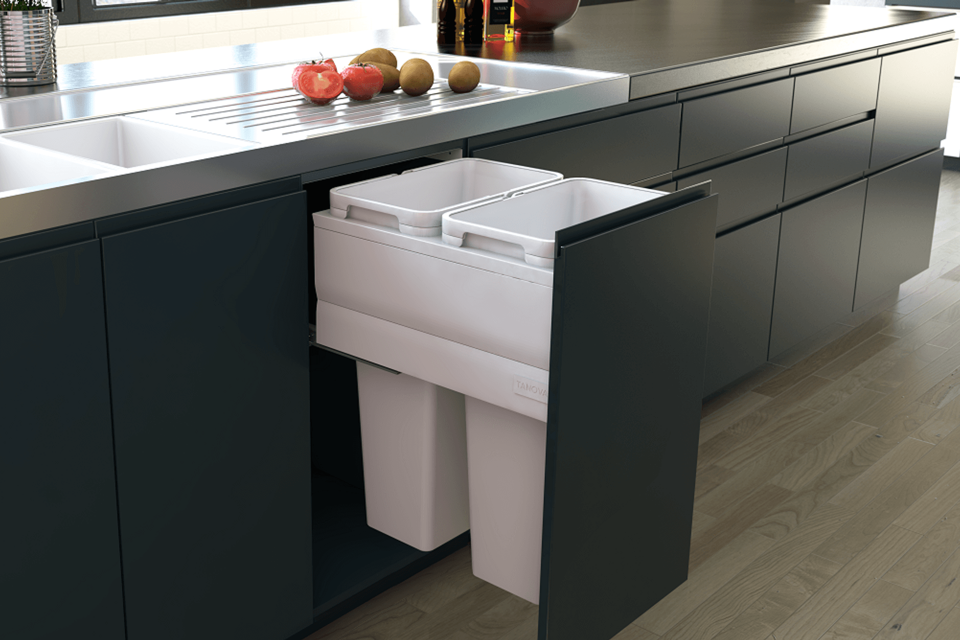 Tanova pull-out bins come in various sizes and configurations to fit your kitchen design