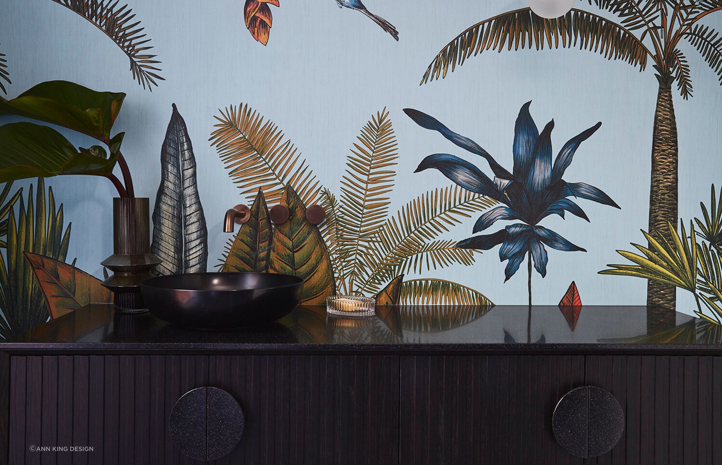 An exquisite use of tropical wallpaper in this Balmoral Bathrooms project.