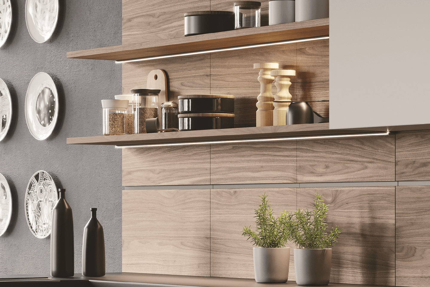 “Ambient lights will set the mood with a soft glow, while task lights will focus stronger light over key workspaces such as an island or countertop,” says Boakes.