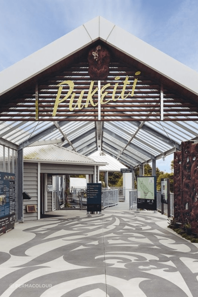 Pukeiti Gardens' stunning decorative flooring overlay with a textured finish was created with a custom-made Concrete Stencils Mat in Silversand and Charcoal, sealed with Permacolour Concrete Sealer Extra.