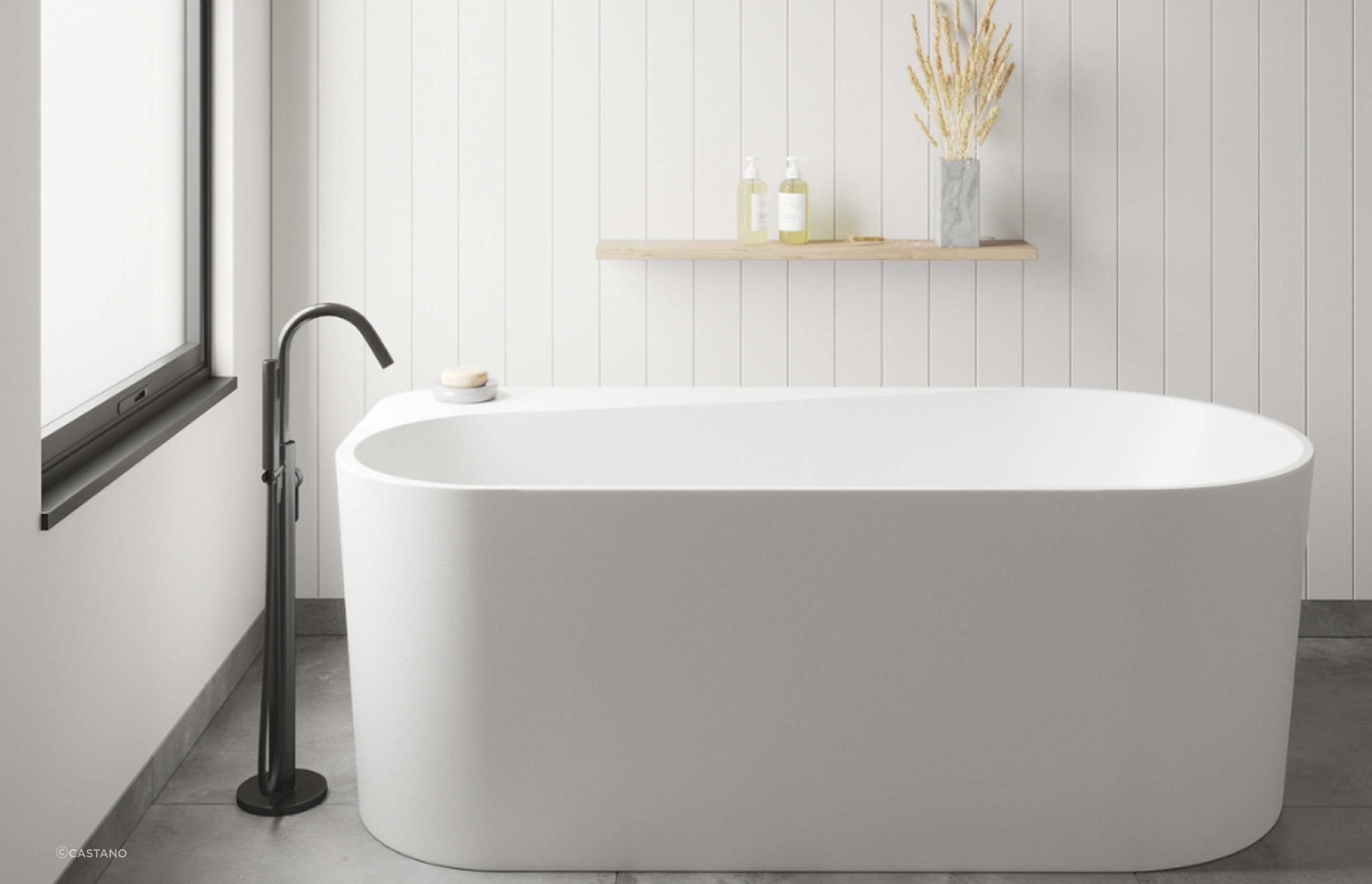 The Velino 1676 LH Freestanding Bath is a sleek, stylish and practical choice with a flat surface designed in for bathroom essentials.