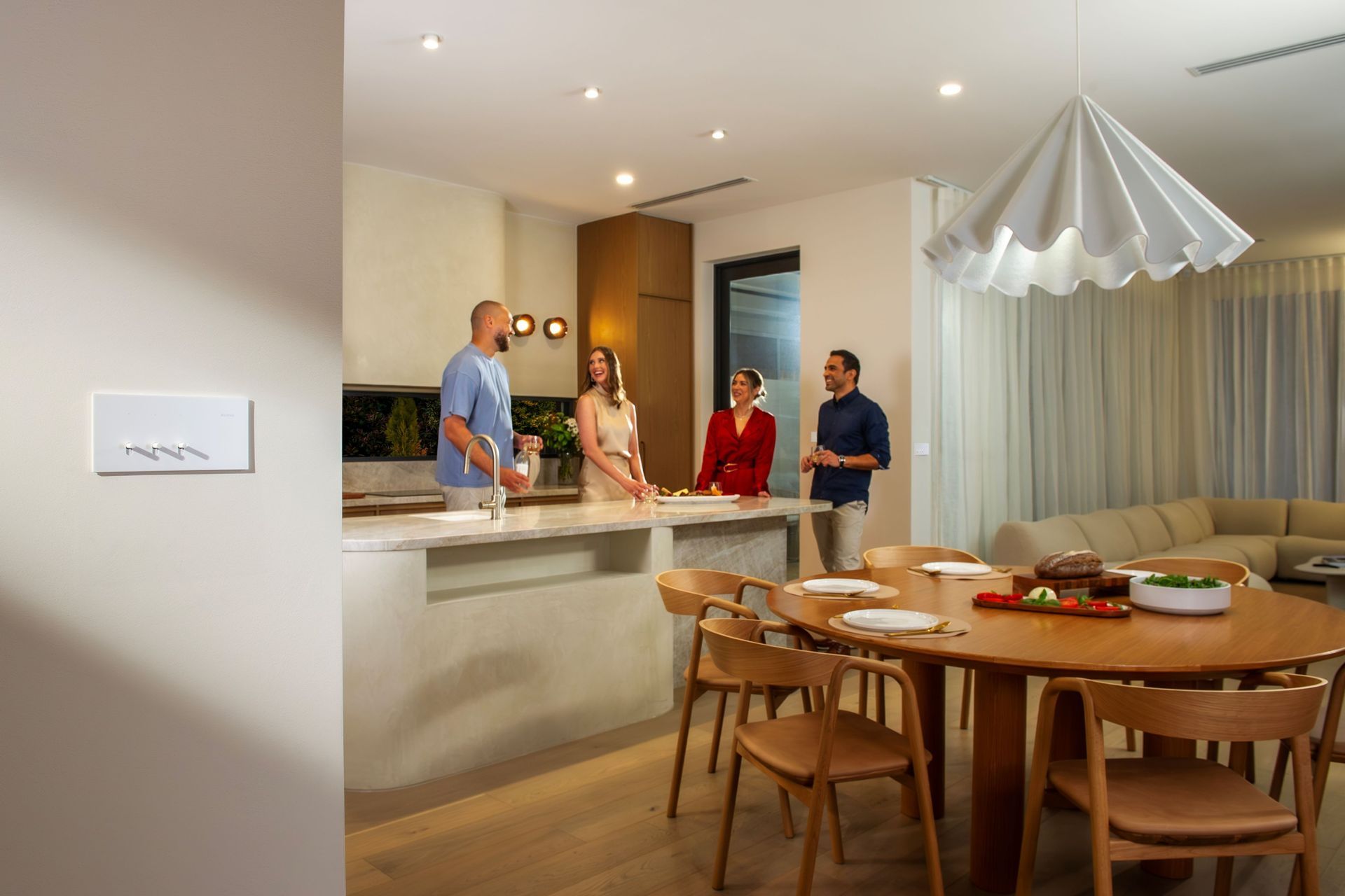 “Every household has its little rituals, and your Clipsal Wiser Smart Home can instantly set the mood. Whether it’s setting mood lighting for dinnertime or dimming the lights and closing the blinds for movie nights, just set the moment exactly how you want it once, then call up your saved settings next time.” Image: Clipsal Solis T Series Flush Switch 3 Gang in White Ceramic.