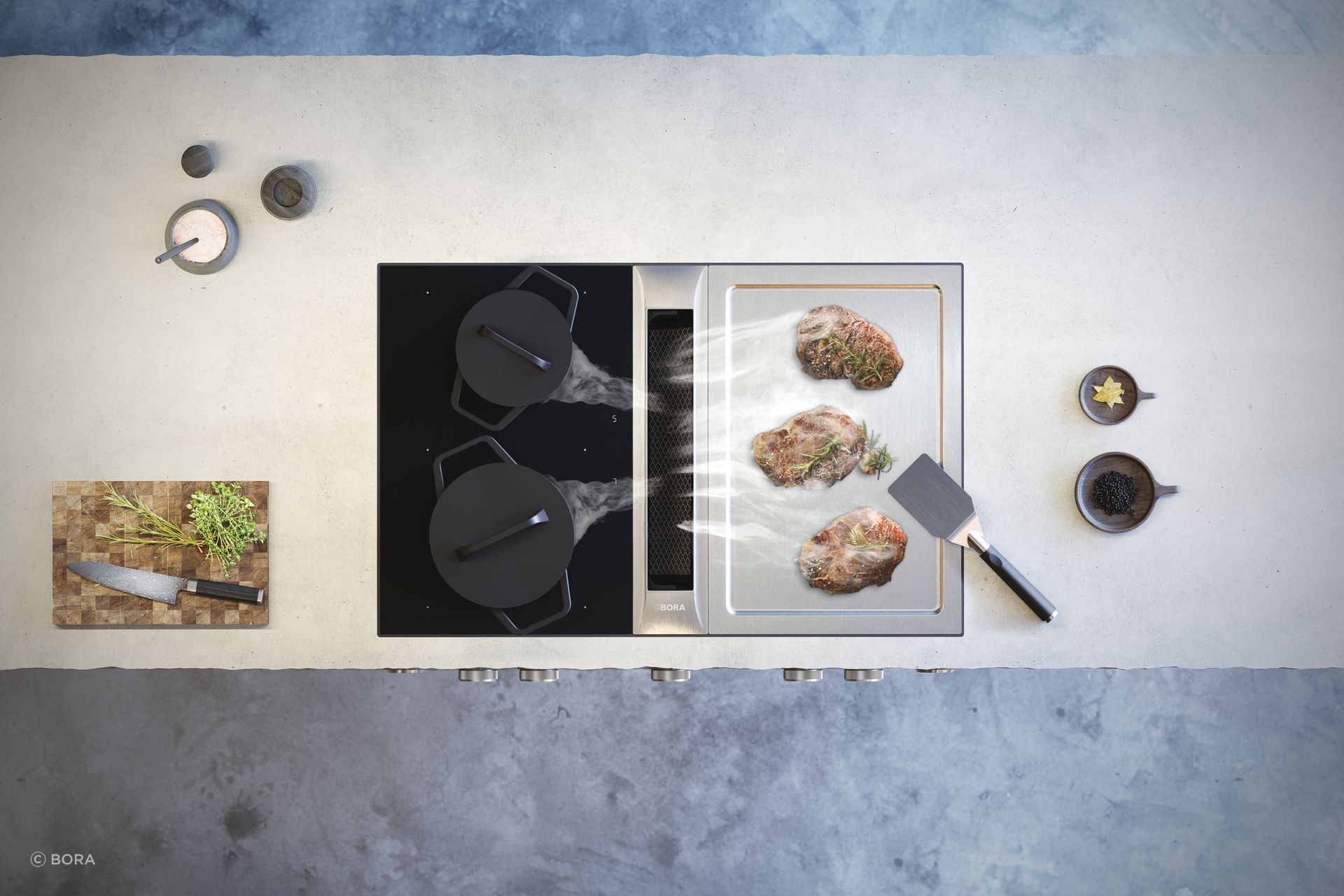 "BORA cooktop extractor systems capture the vapours and odours at the source, sucking at a rate of 4 metres per second, which allows our systems to be more compact."