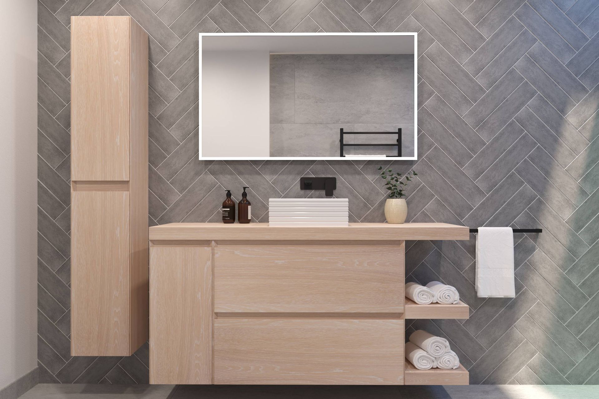 The Milazzo Modular Bathroom System vanities give you great customisation like open shelving and closed storage.