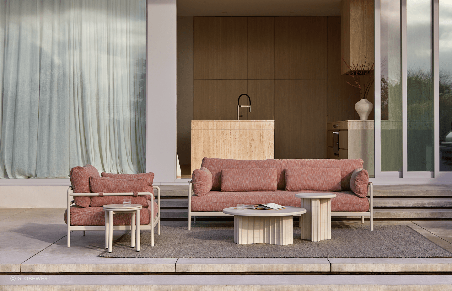 The Cape 3 Seater Sofa in textural Tuscan Brick draws inspiration from rolling coastal landscapes, featuring generous proportions.