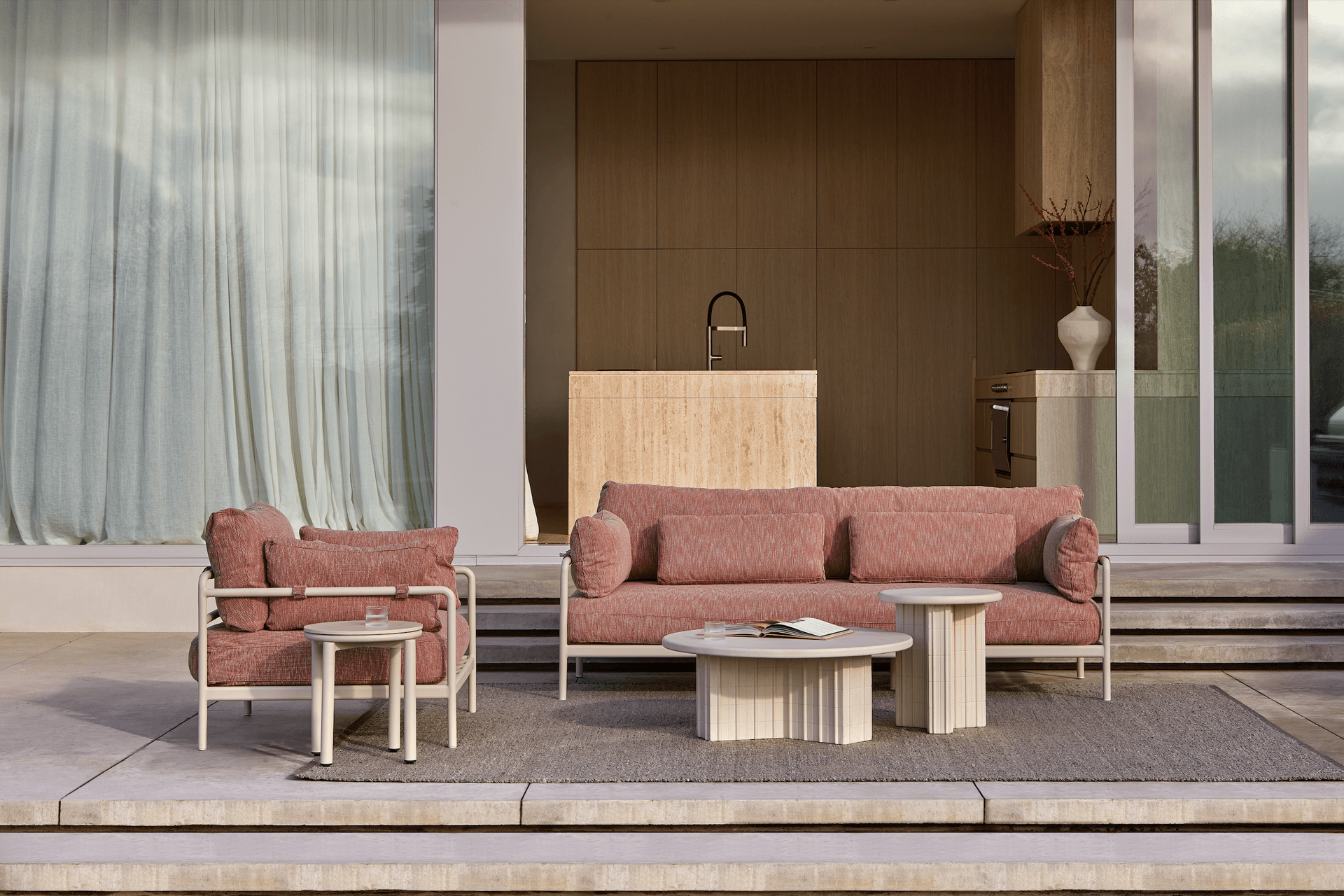 The Cape 3 Seater Sofa in textural Tuscan Brick draws inspiration from rolling coastal landscapes, featuring generous proportions.