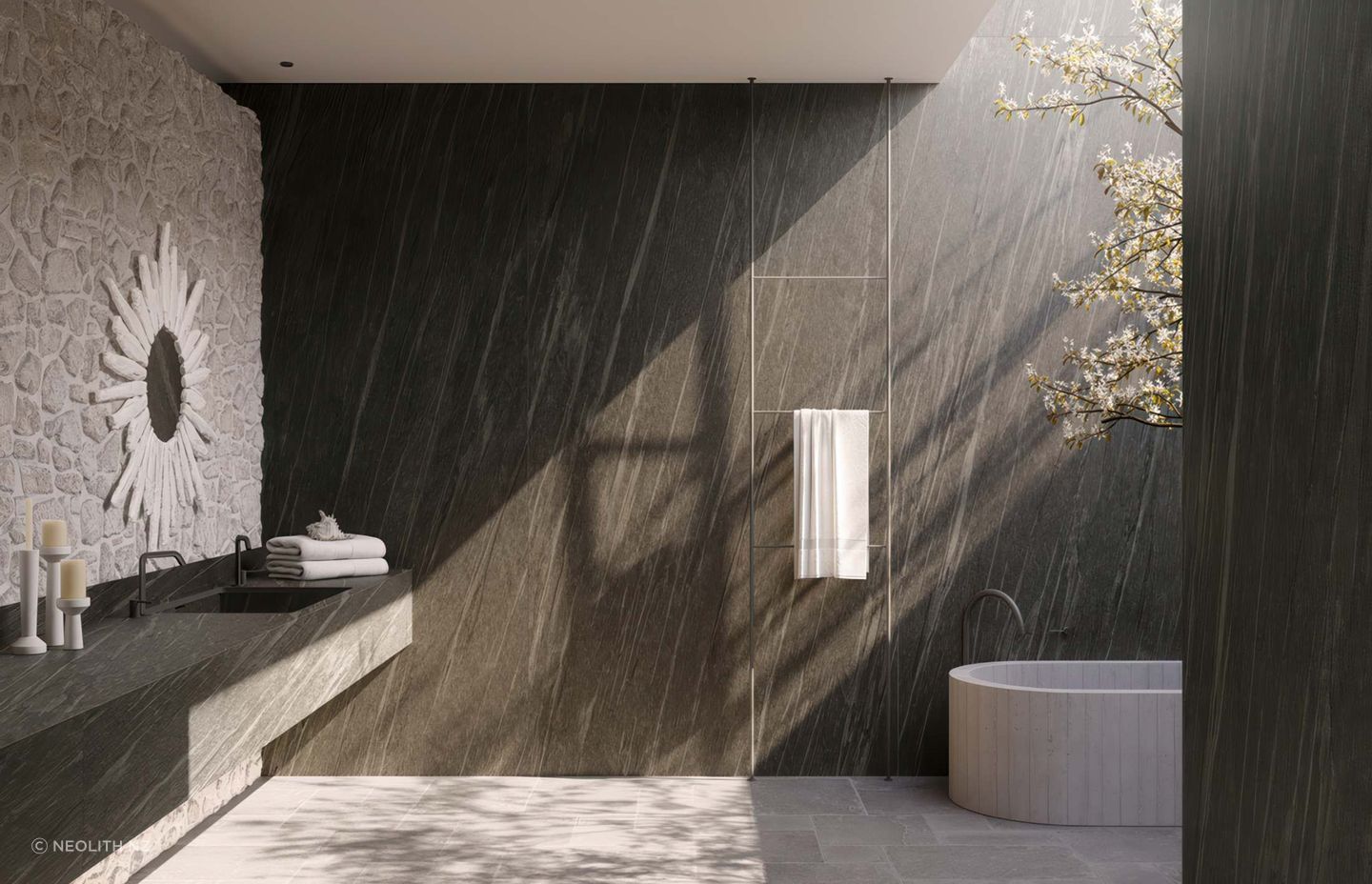 Cladding and bathroom countertop with Neolith Ignea.