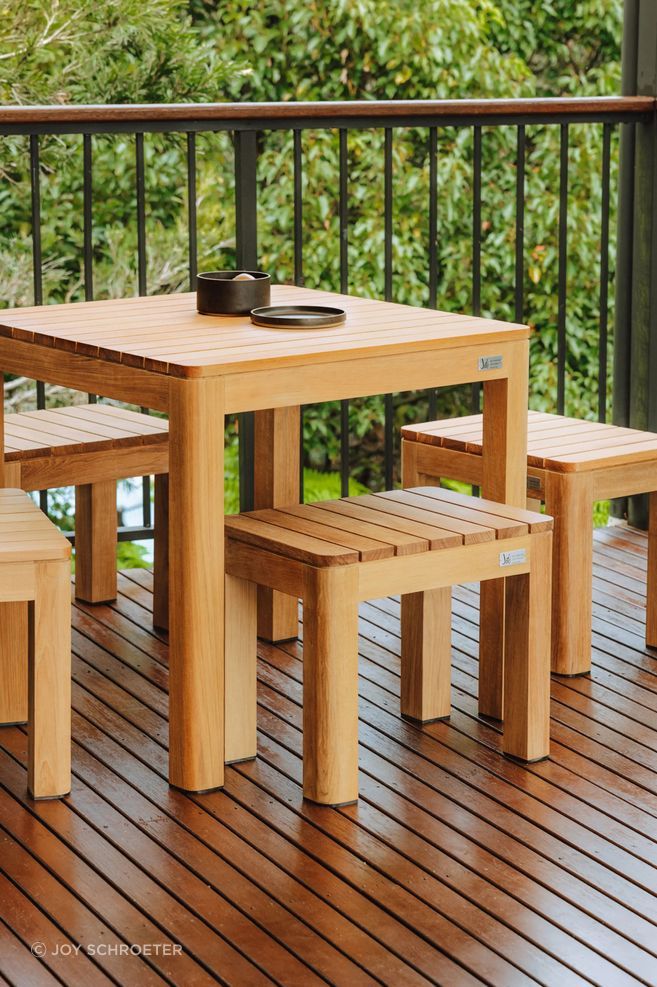 Jati Brunswick Teak Square Dining Table and Brunswick Single Teak Benches