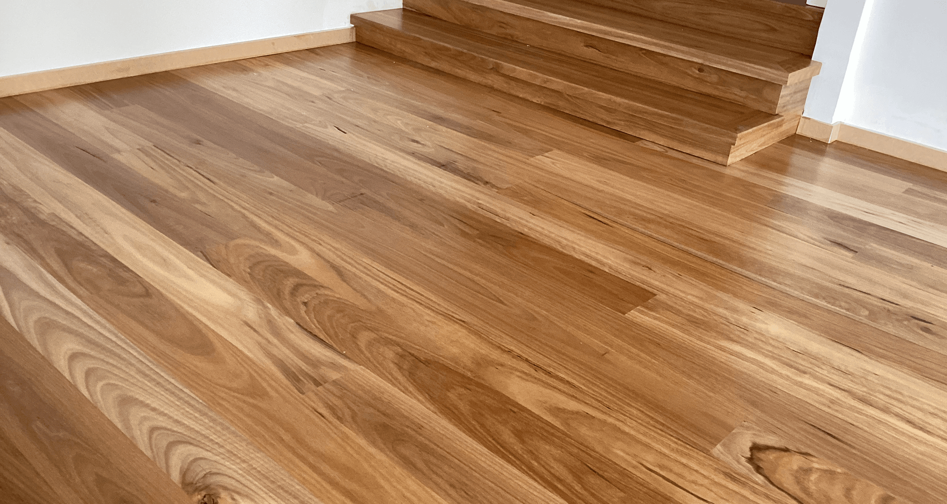 Australian blackbutt hardwood flooring coated with waterborne polyurethane.