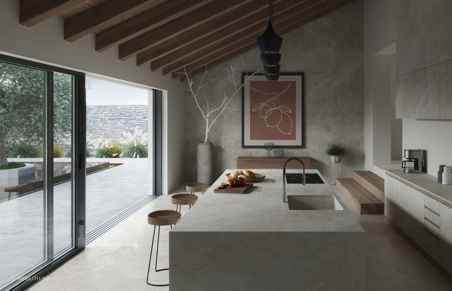 Flooring, cladding and kitchen island with Neolith Rapolano.