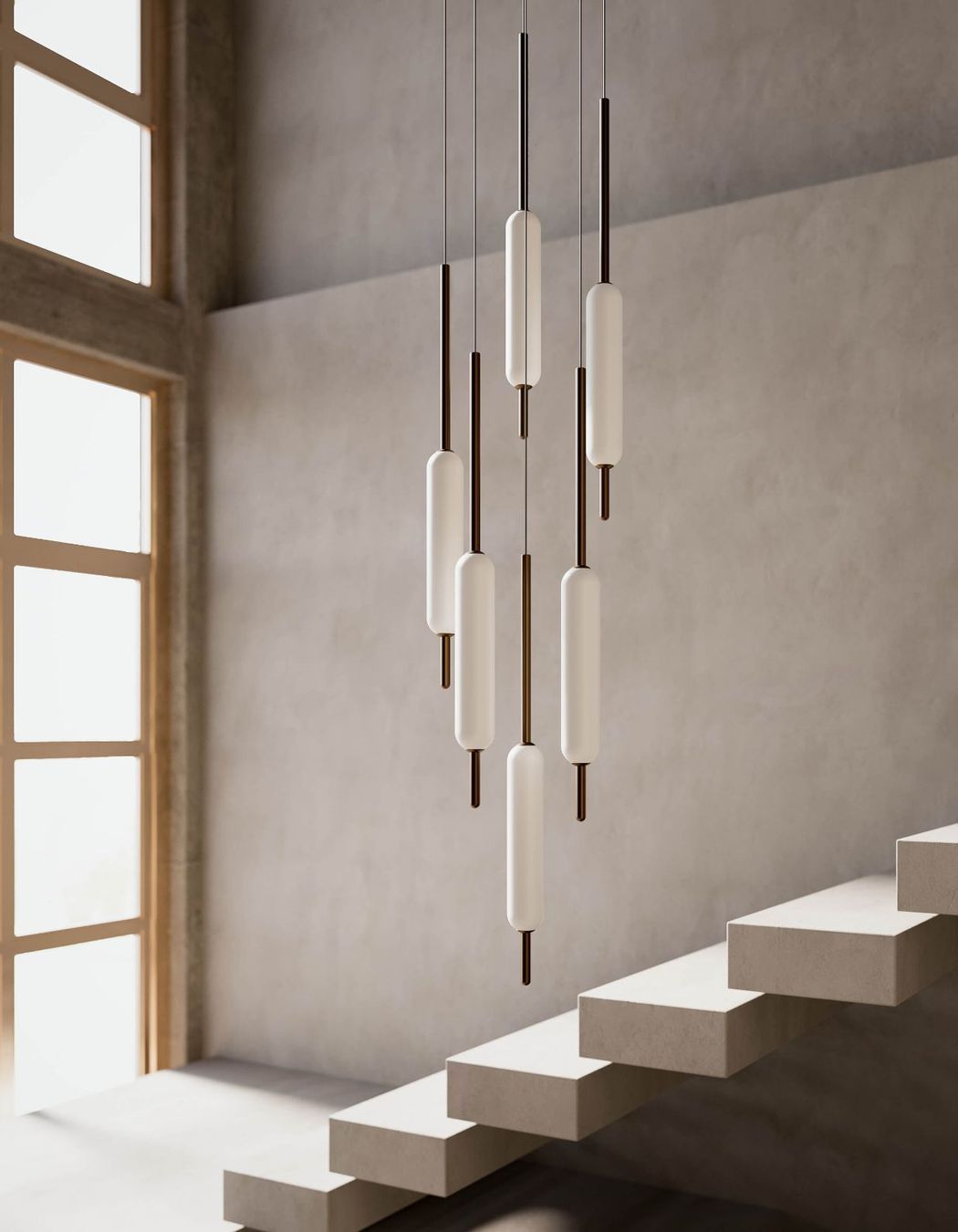These pendant lights are held in stylish lighting fixtures
