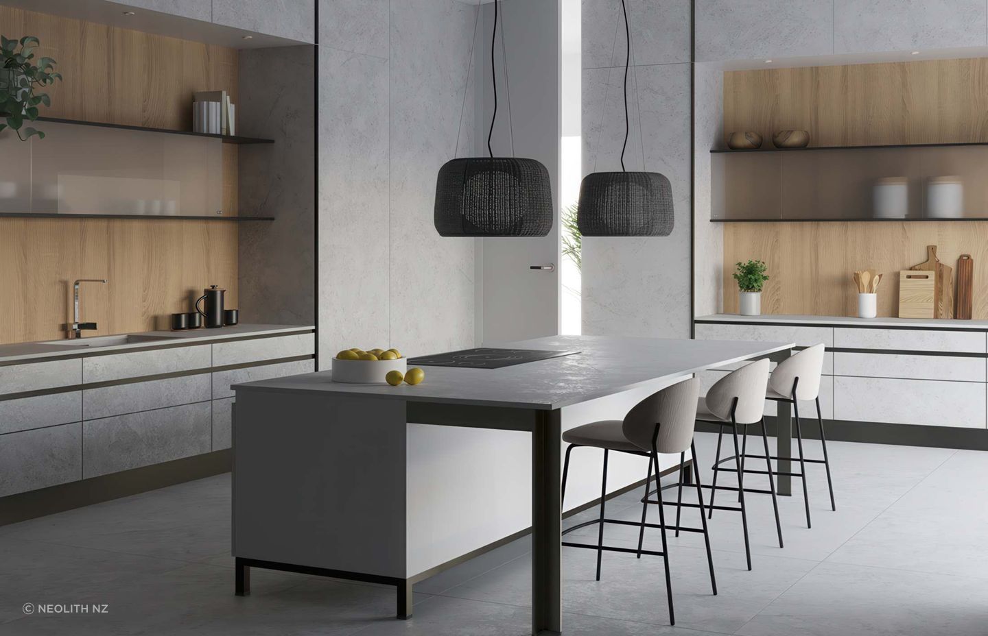 Floor, cladding, countertop and kitchen island with Neolith WhiteSands.