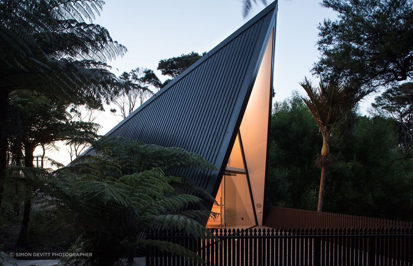 Chris Tate's Tent House on Waiheke Island utilises Colorsteel to clad both the roof and walls of this unusual A-frame structure.