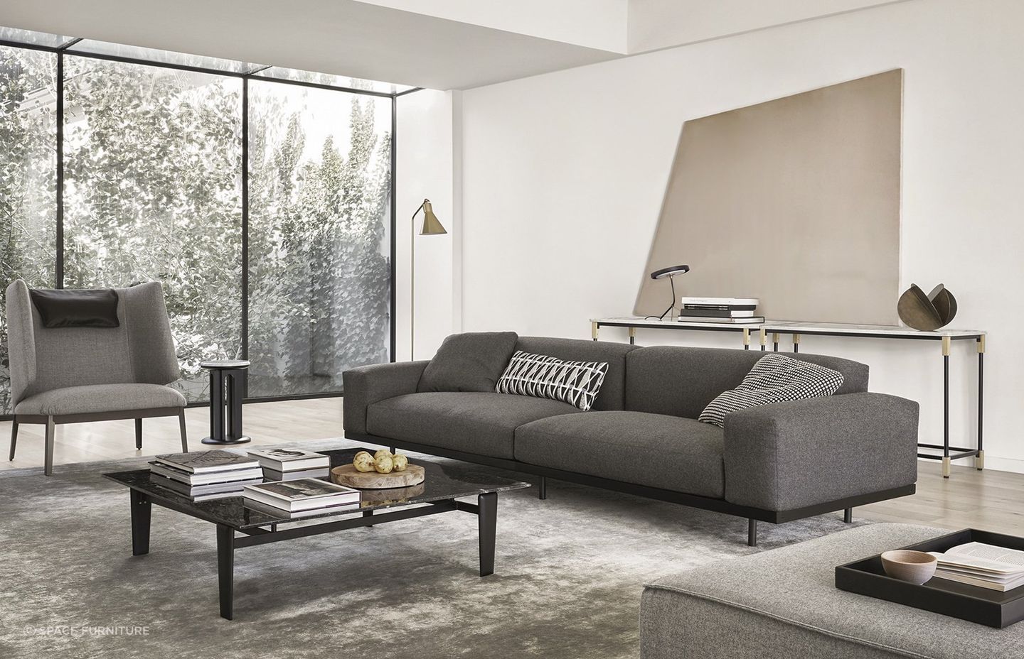 Excellent cushion arrangement on the Naviglio Sofa using patterns, texture and shapes