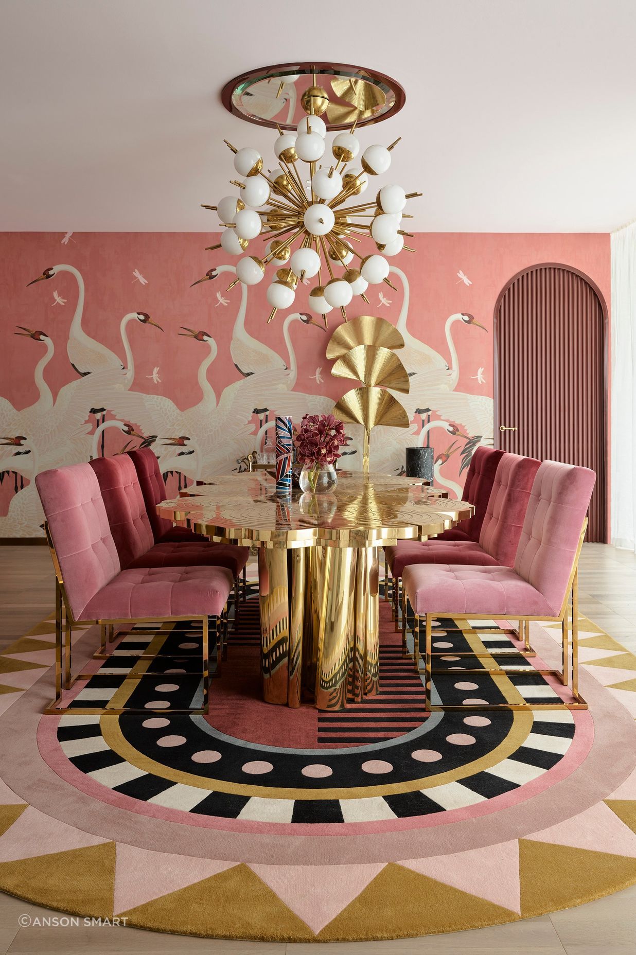 A custom rug designed by Greg Natale for a flamboyant formal dining room.