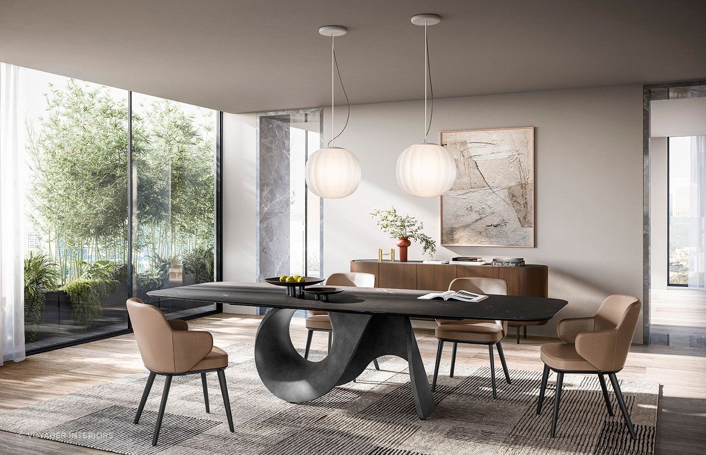 A sleek, lengthy rug beautifully complements the slender design of this dining room table. Featured product: Seashell Dining Table.