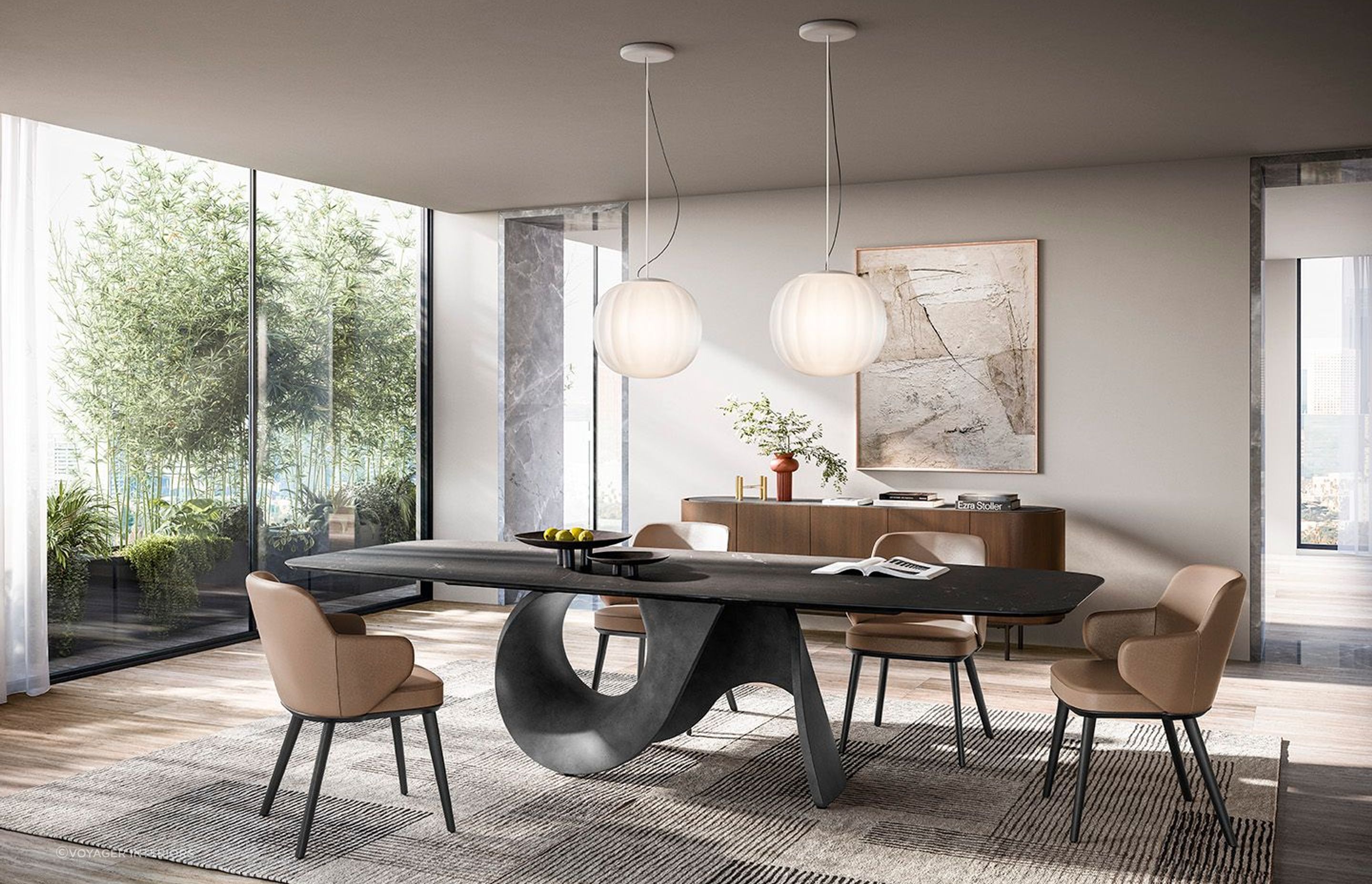 A sleek, lengthy rug beautifully complements the slender design of this dining room table. Featured product: Seashell Dining Table.
