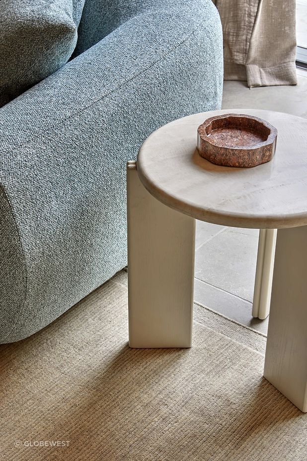 Pictured here: Ray Marble Side Table, Felix Loop 3 Seater Sofa, Rufus Ares Bowl, Bower Frame Rug (Cloud)
