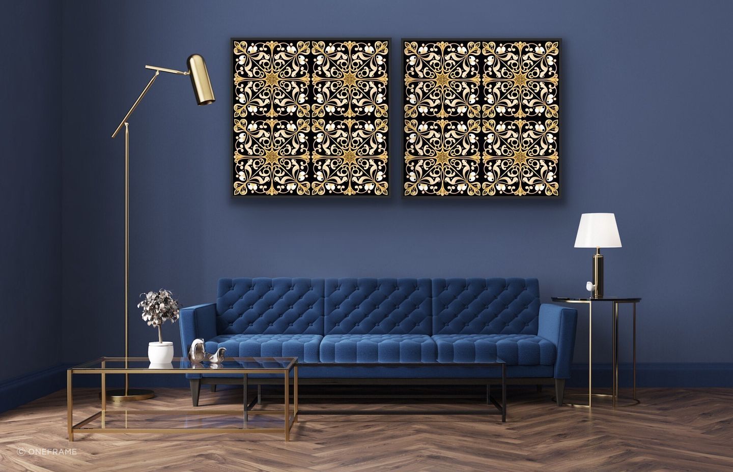 Wall art is a great way to inject some expression into a living space, seen here with a beautiful piece from the Ana Couper Collection from OneFrame.