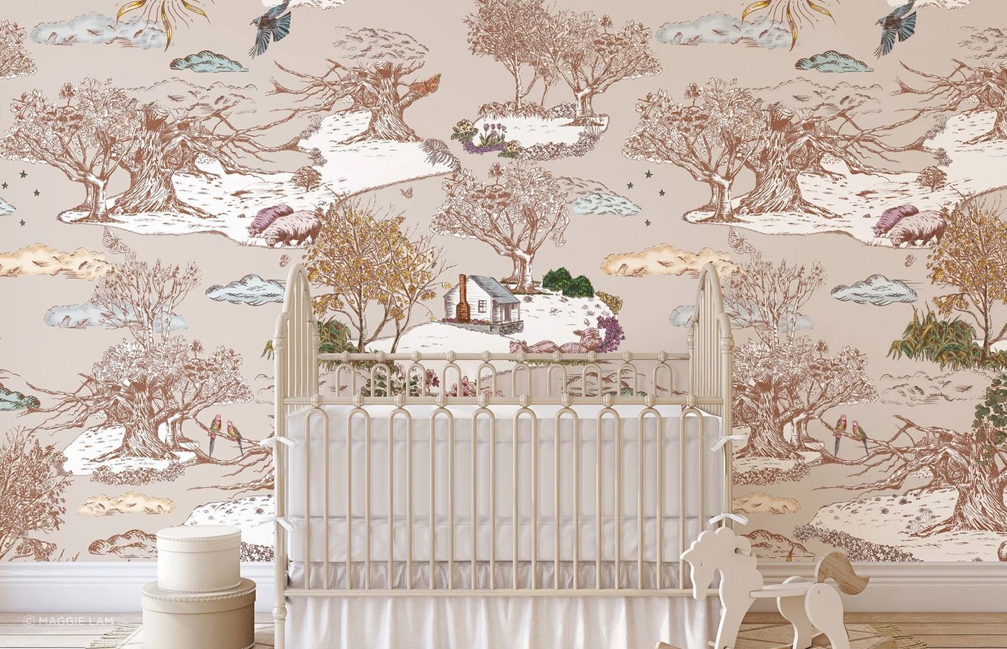 A nursery room is a fantastic space for an uplifting accent wall, personified wonderfully here with the Beautiful Gift Mural Wallpaper by Maggie Lam.