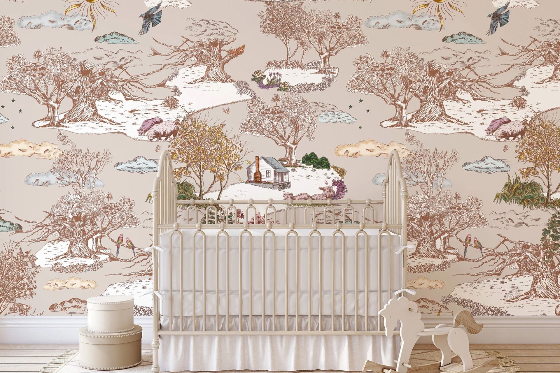 A nursery room is a fantastic space for an uplifting accent wall, personified wonderfully here with the Beautiful Gift Mural Wallpaper by Maggie Lam.