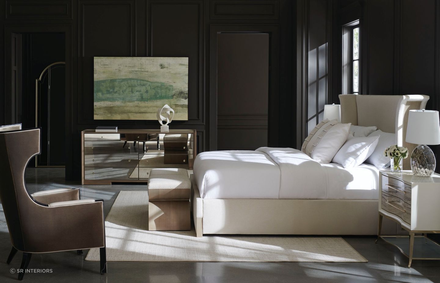 Wall art can balance the colour scheme of a dark room, along with fine furnishings like the Beauty Sleep Queen Bed.