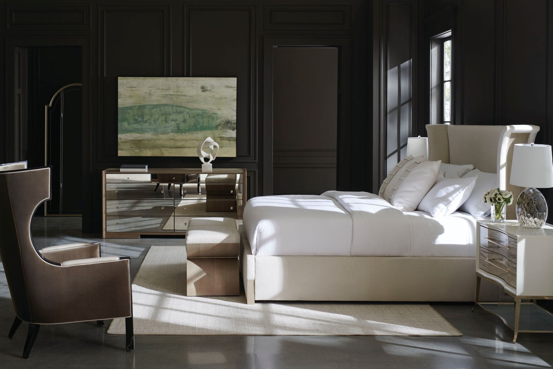 Wall art can balance the colour scheme of a dark room, along with fine furnishings like the Beauty Sleep Queen Bed.