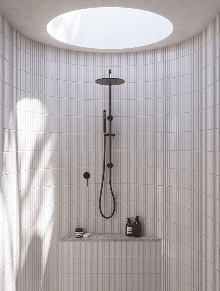 A stunning walk-in shower and a stunning product — the Mira Brushed Gunmetal Shower Rail Twin Set from Buildmat.