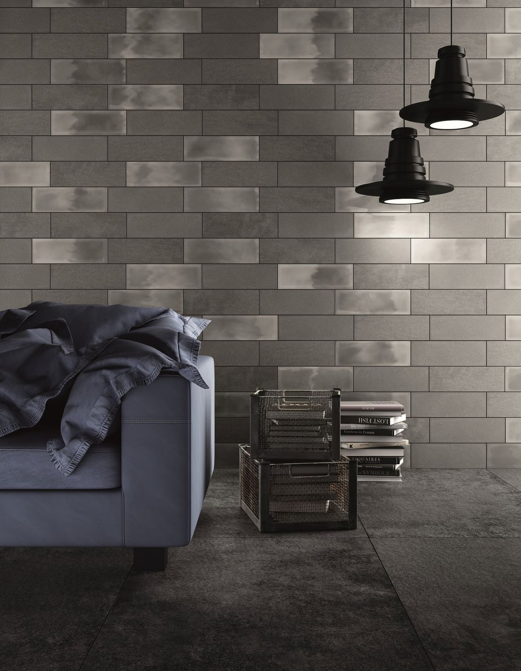 The grey Living Camp Wall tiles work well with this dark charcoal and light, creating a sophisticated industrial-looking interior.