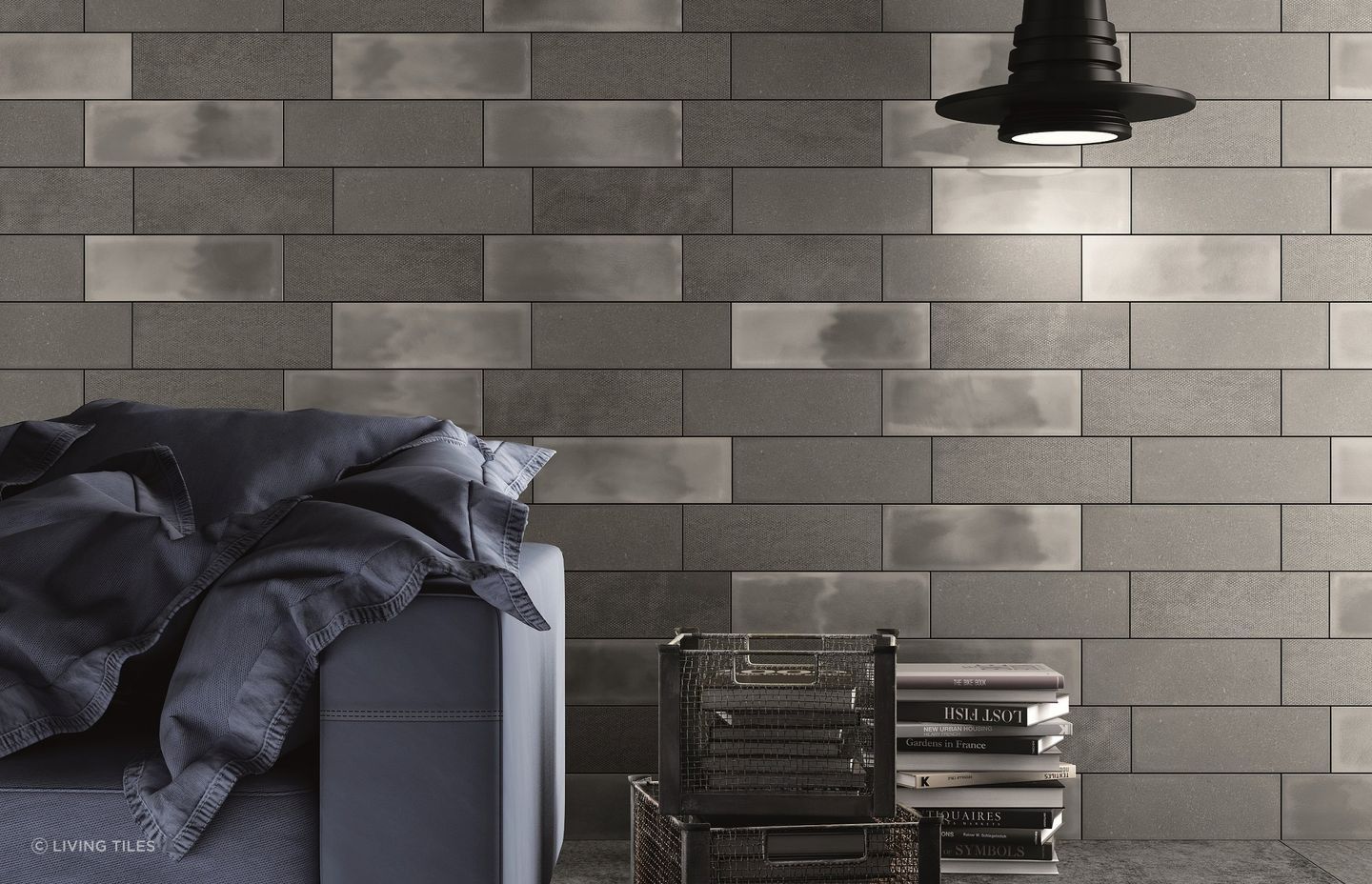 The grey Living Camp Wall tiles work well with this dark charcoal and light, creating a sophisticated industrial-looking interior.
