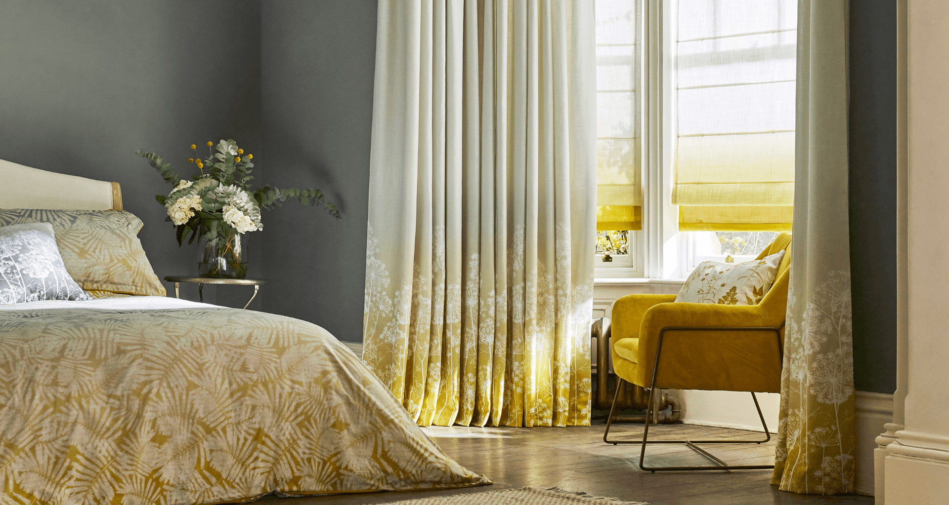 Clarissa Hulse Ombre Roman Blinds (light filtering) with Dill Ochre Curtains (blockout)