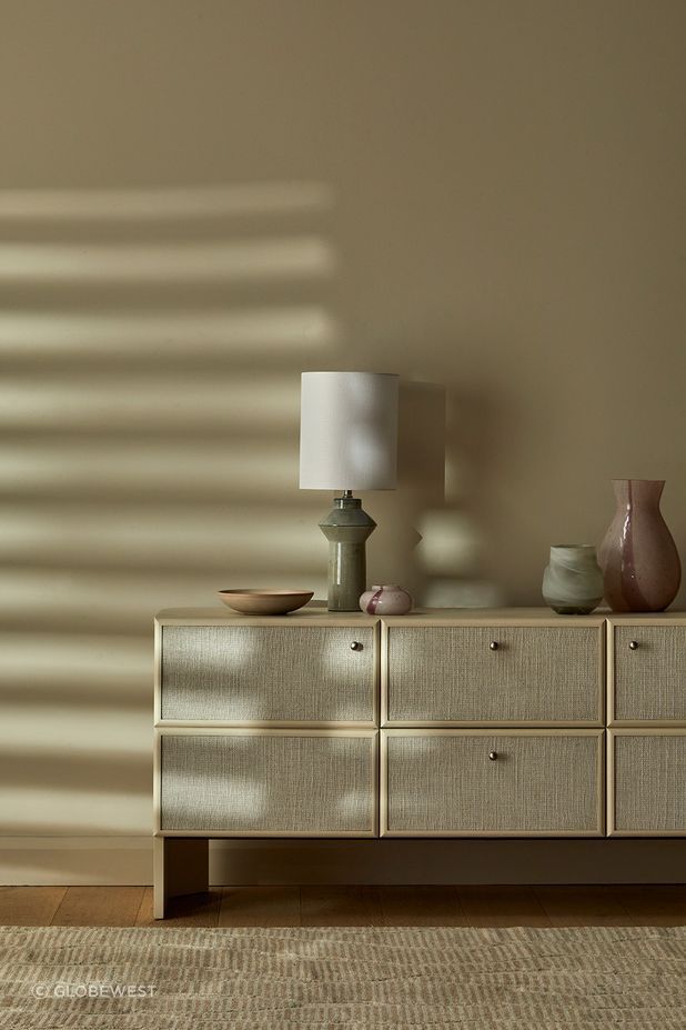 Elodie Buffet, Lorne Post Table Lamp, Hanson Eden Set of 3 Bowls, Boden Stripe Bud Vase, Stripe Bottle Vase & Pearl Vase, Bower River Rug (Natural)