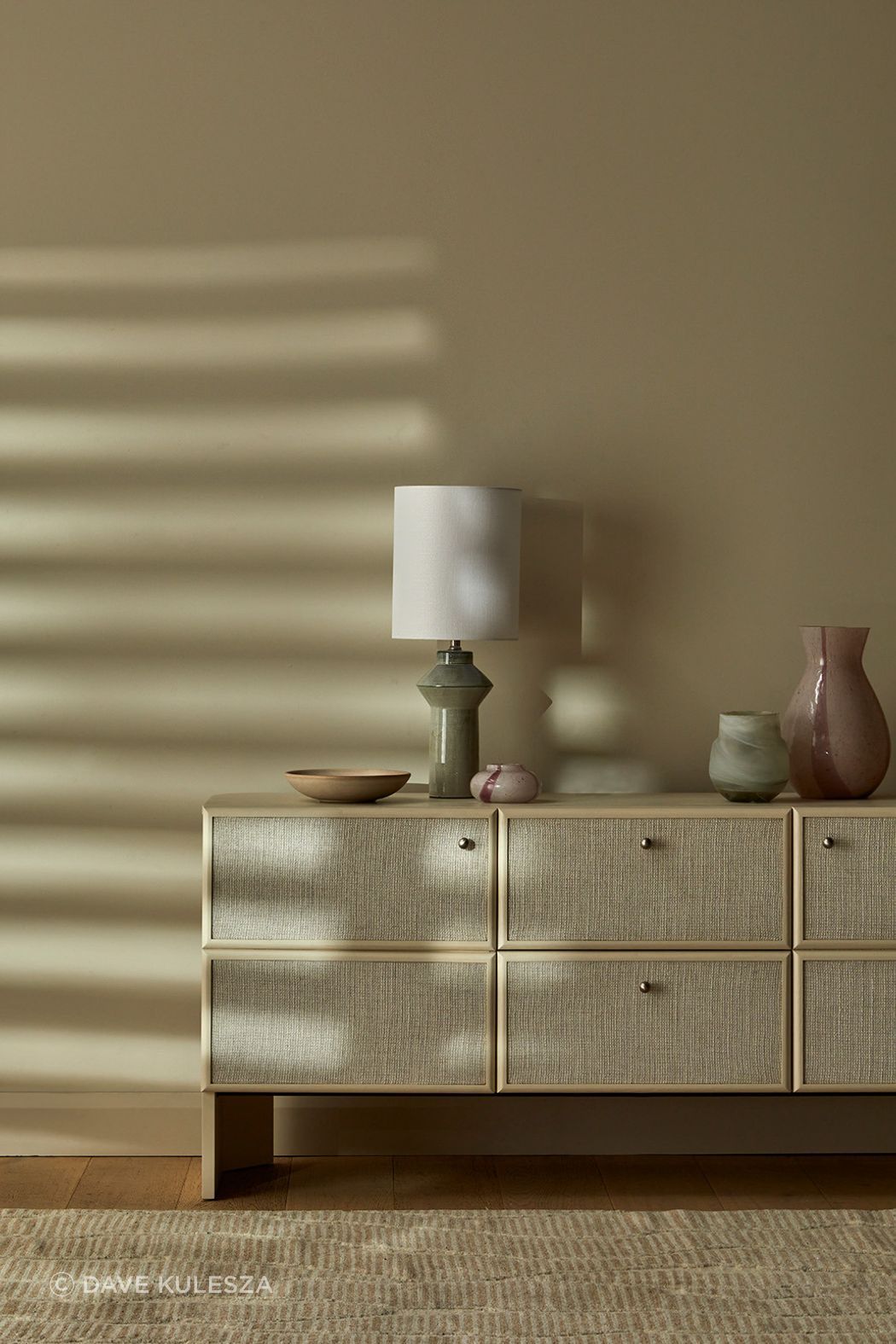 Pictured: Elodie Buffet, Lorne Post Table Lamp, Hanson Eden Set of 3 Bowls, Boden Stripe Bud Vase, Stripe Bottle Vase & Pearl Vase, Bower River Rug (Natural)