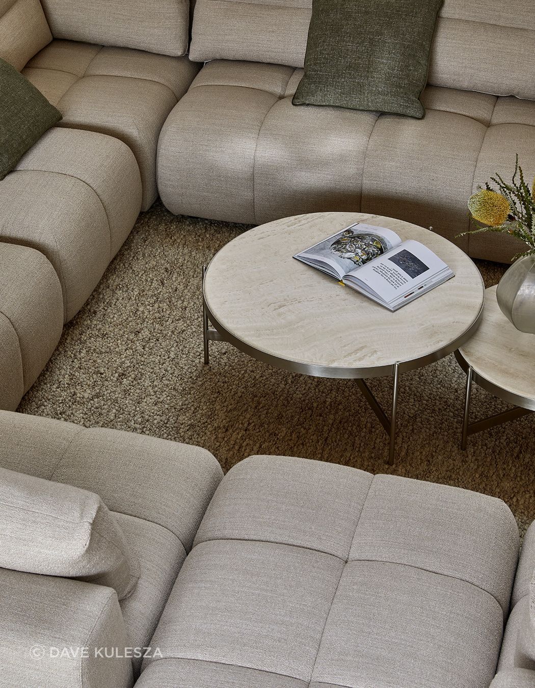 Pictured: Sidney Tullio Modular Sofa, Venus Coffee Tables, Boden Ridge Vase, Hugo Square & Rectangle Cushions, Tepih Boucle Rug (Chai)