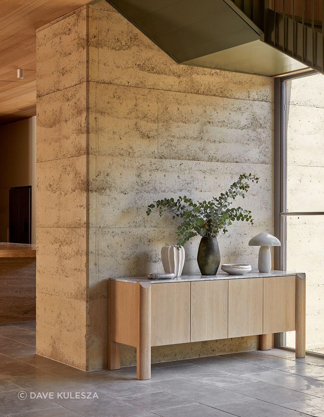 Pictured: Willa Marble Buffet, Easton Curve Table Lamp, Rufus Indra Pill Shallow Bowl, Hanson Coral Vessel & Talua Bowl, Boden Form Vase