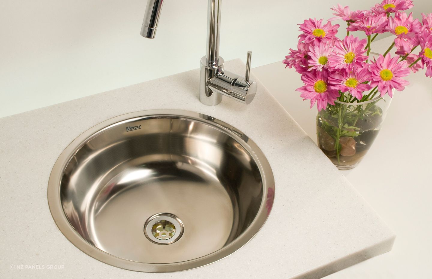 The Round pressed stainless steel sink makes a great little prep or bar sink for indoor and outdoor kitchens.