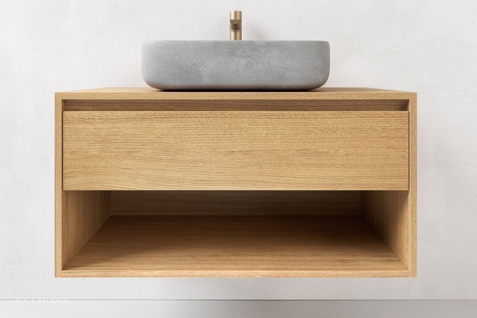 The Clara Bathroom Vanity from C S Studios is a great example of a melamine vanity with a convincing Oak look finish.