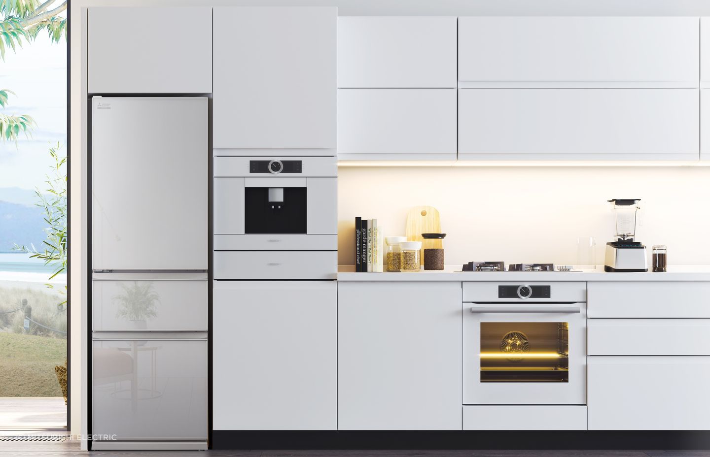 The beautiful Glass Panel Designer Series Multi Drawer Fridge from Mitsubishi makes a unique addition to any kitchen space.