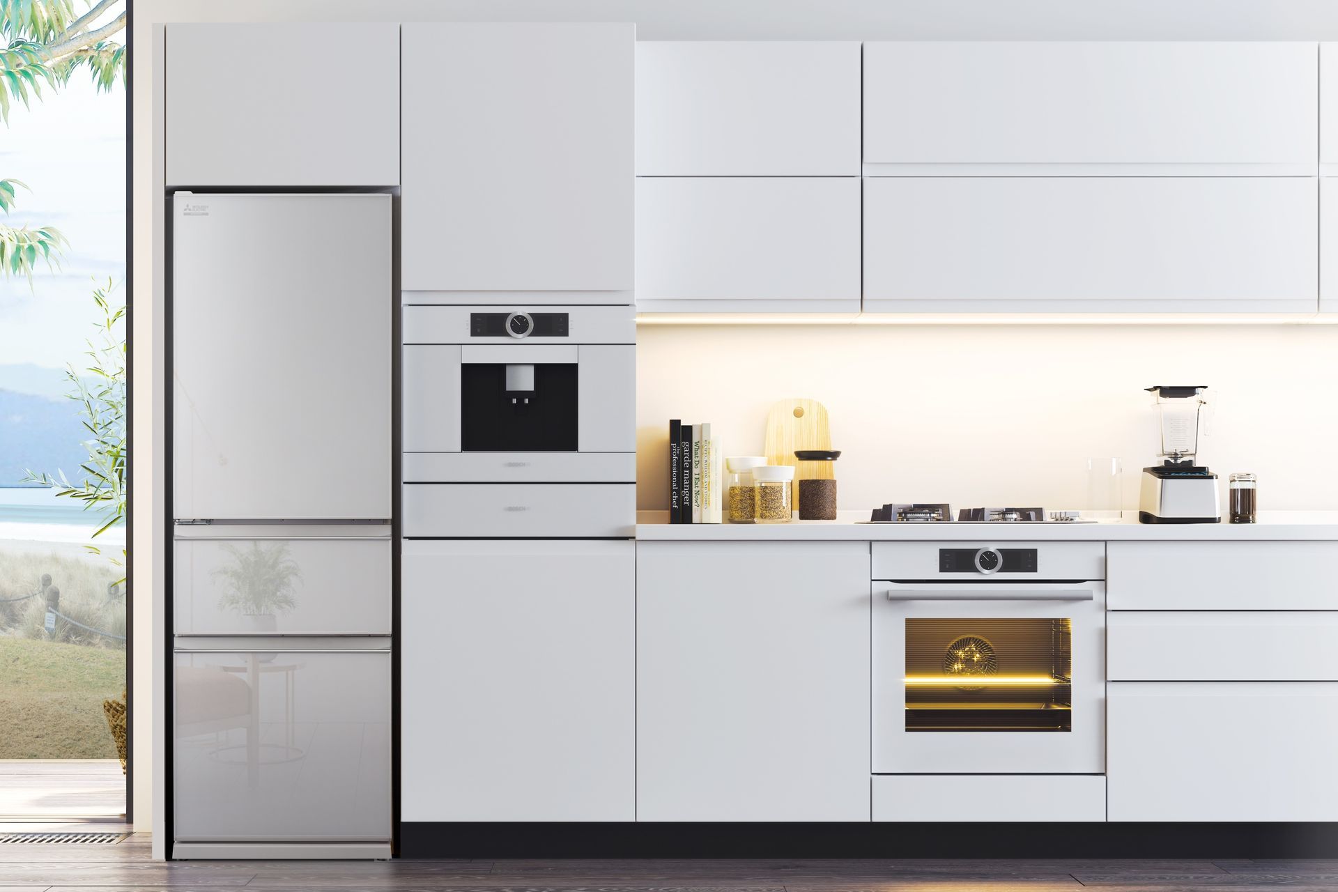 The beautiful Glass Panel Designer Series Multi Drawer Fridge from Mitsubishi makes a unique addition to any kitchen space.