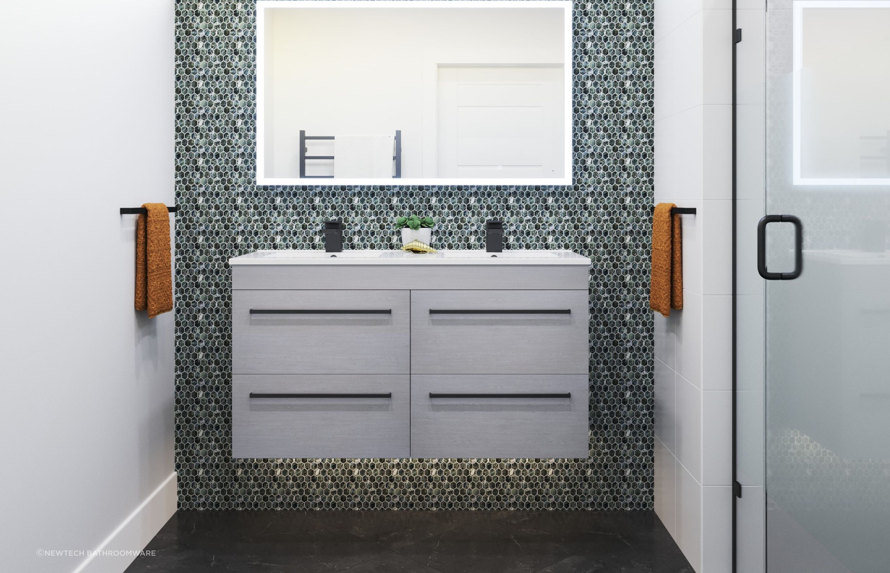 A floating vanity like the 3182 Citi Double Height Wall Hung Vanity, enhances the illusion of space.