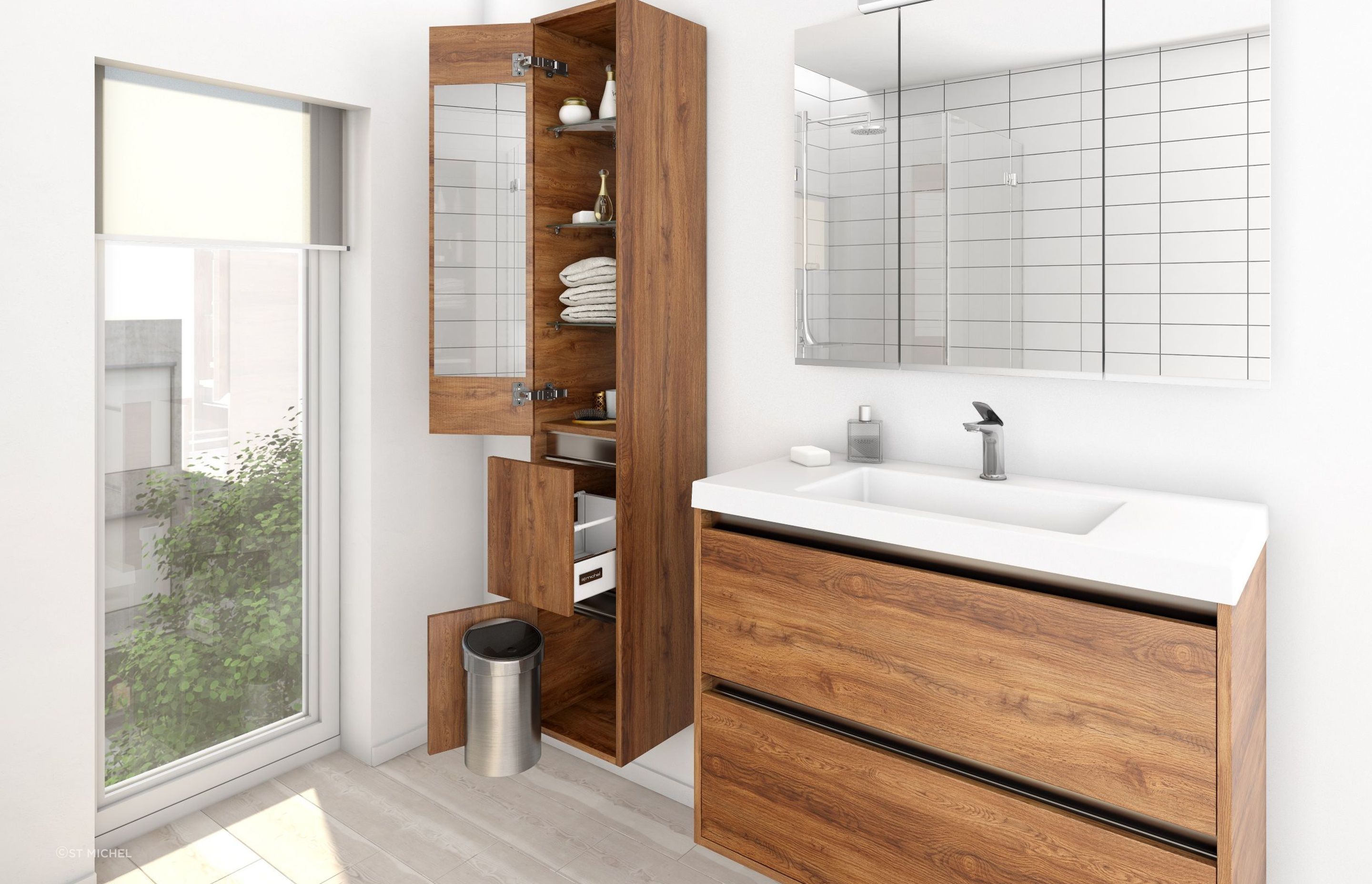 Tall and slim bathroom storage, like the City Tower solution, is much better suited to small bathrooms than traditional options.