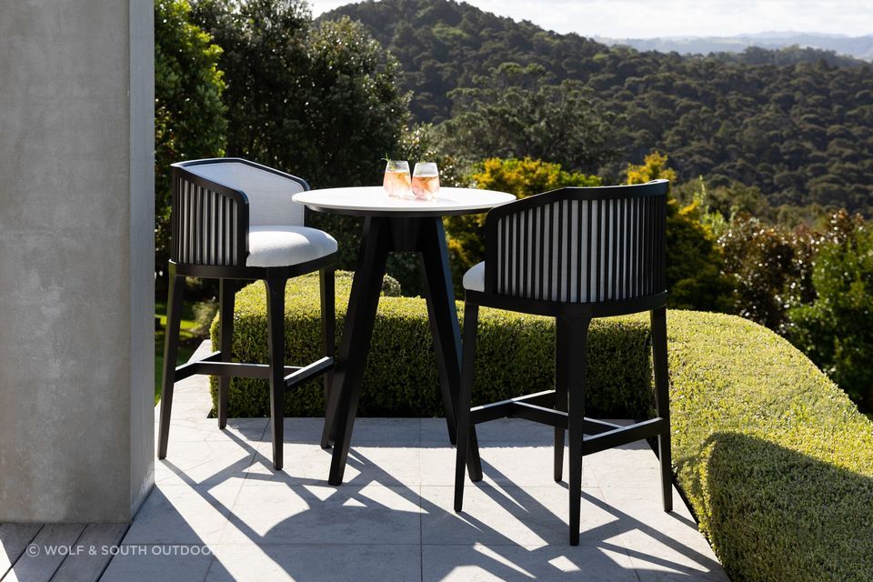 The Largo Bar Stool by Coco Wolf from Wolf & South features an upholstered seat and backrest.