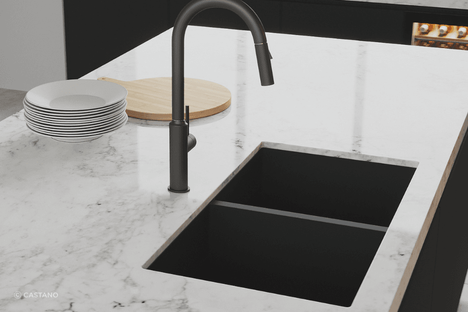 A bold matte black finish to a quartz material sink — The Comiso Double Bowl Sink from Castano.