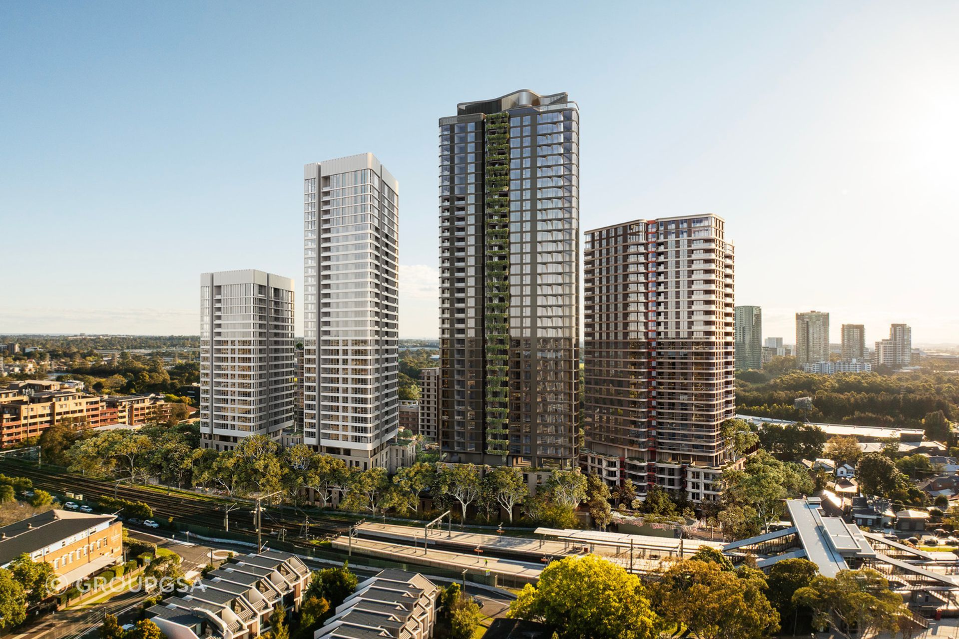 A render of the Concord Central development, showing the line of trees, retained for their significance to the site.